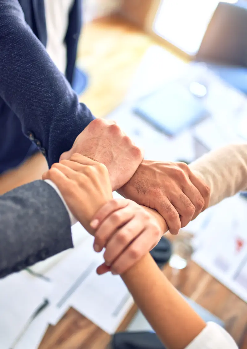 FBlurb-V19-img3 Hands clasped together in a teamwork gesture.