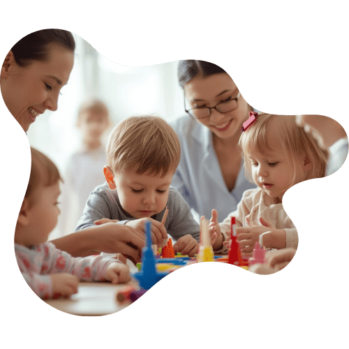 Children and adults playing with colorful toys together.