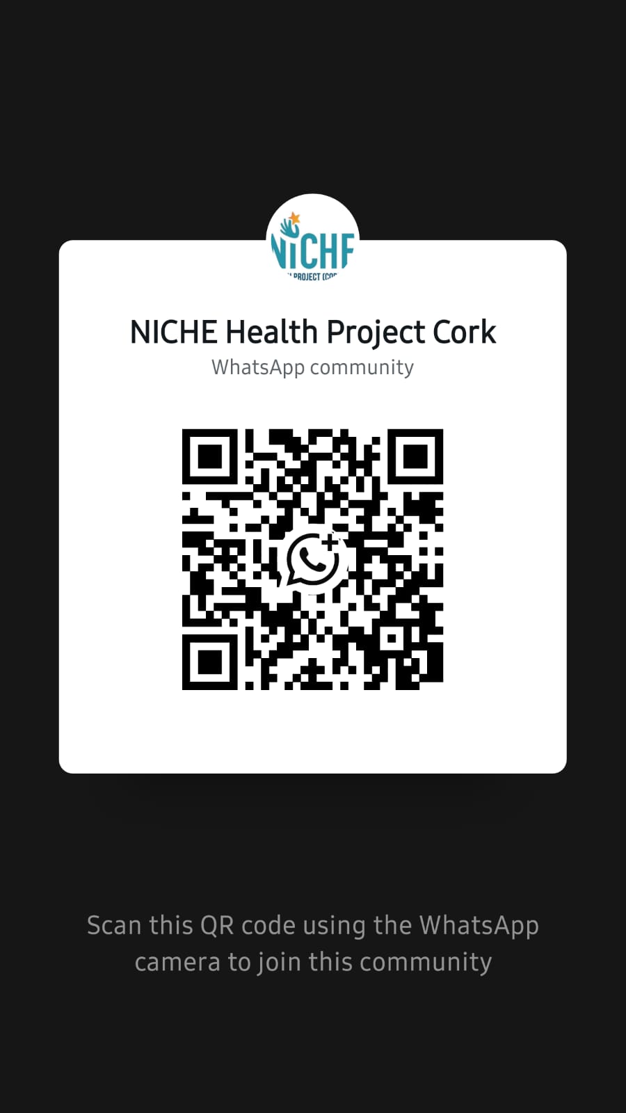 QR code for NICHE Health Project Cork WhatsApp community.